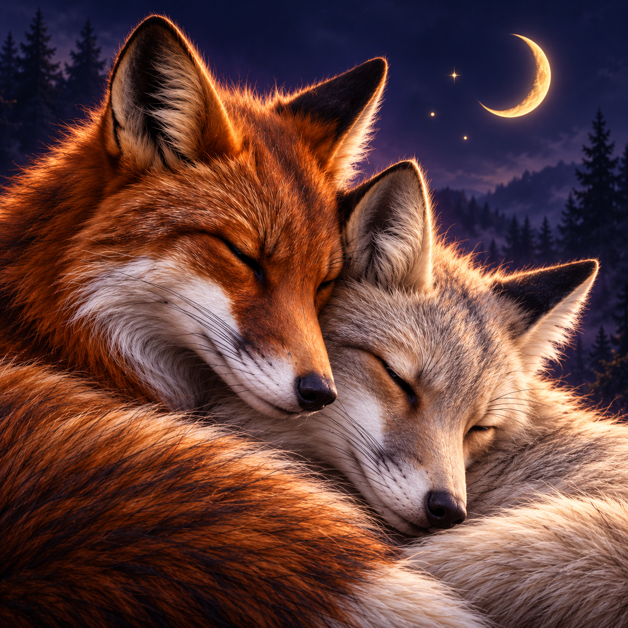 Two sleeping foxes curled together beneath a crescent moon in a dark forest.