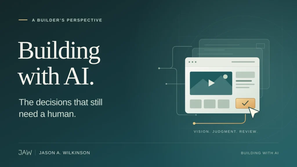 Building with AI: The decisions that still need a human, with a product preview and a highlighted selection path.