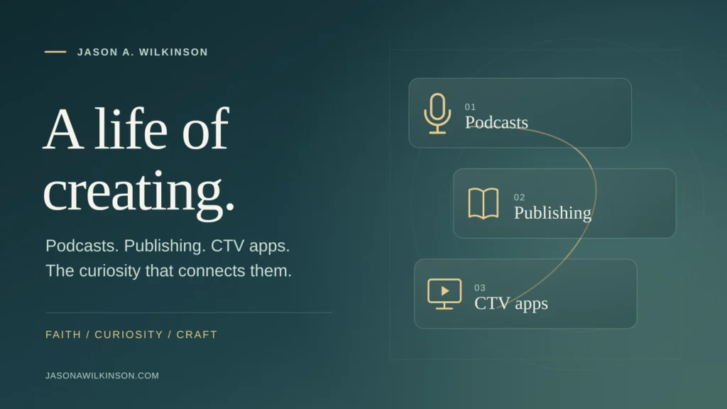 Podcasts, publishing and CTV apps connected in an original teal and gold editorial illustration.
